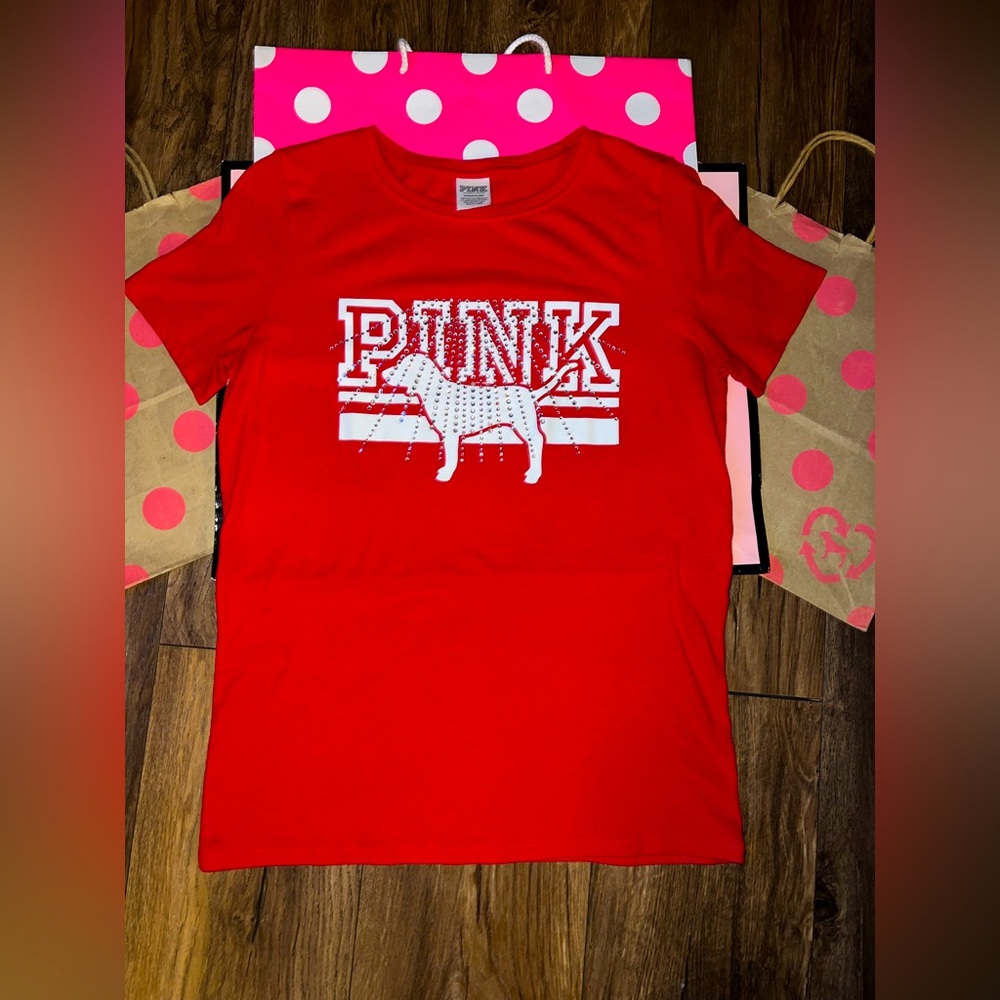 VS PINK Size SMALL Rhinestone Bling Dog Logo Tee.